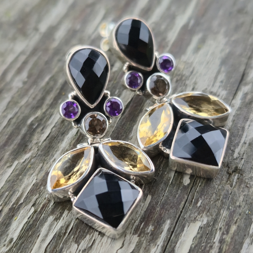 Nicky Butler 925 Sterling Silver Designer Onyx Citrine Amethyst Quartz Earrings - Picture 3 of 13